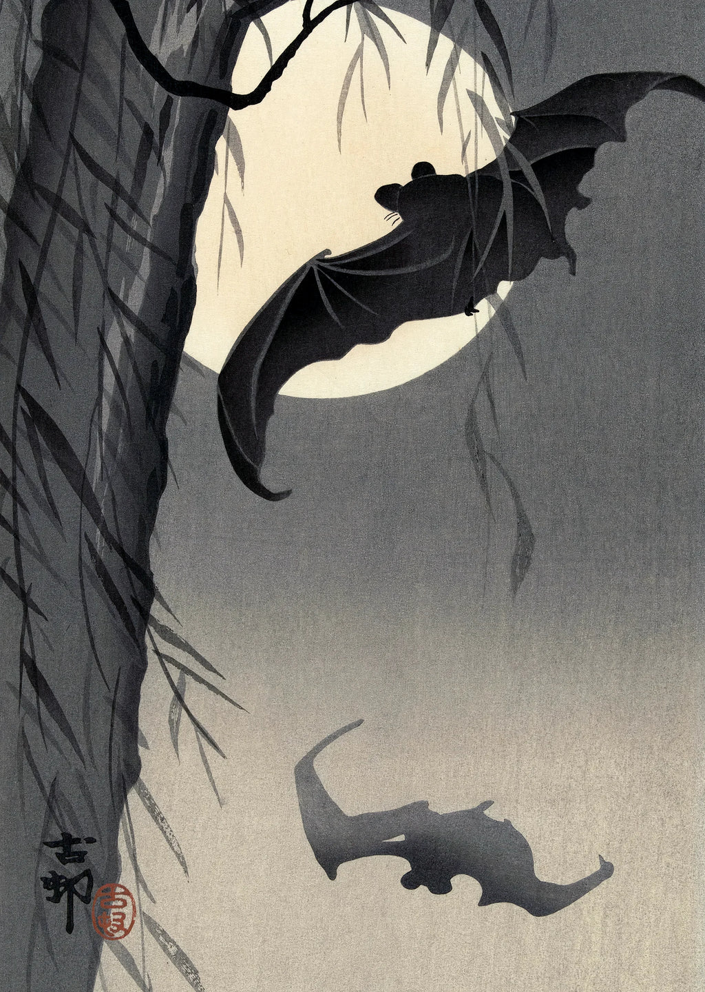 Two Bats at Full Moon - Japanese Art Print