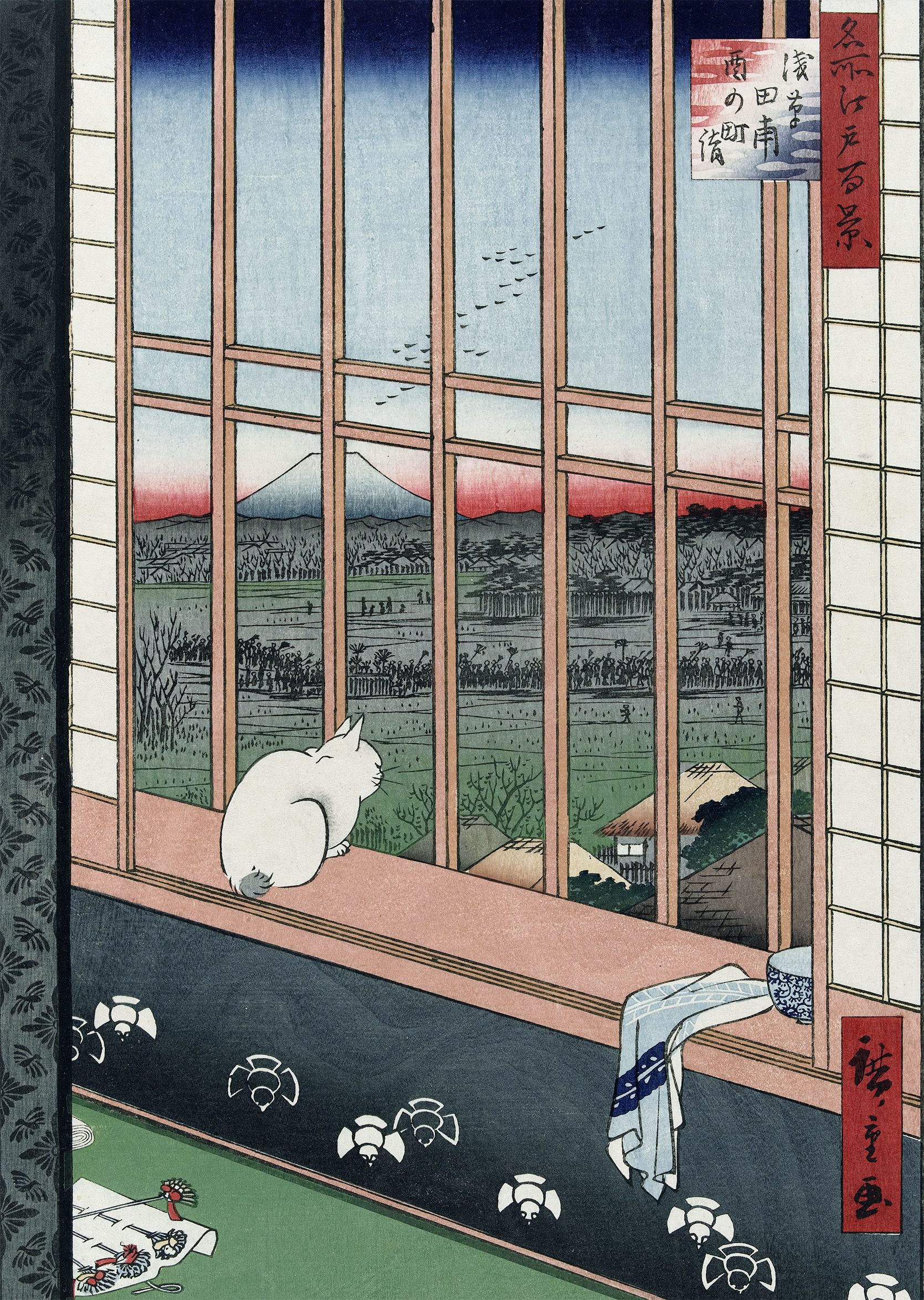 Traditional Japanese artwork of a cat by a window with a scenic view.