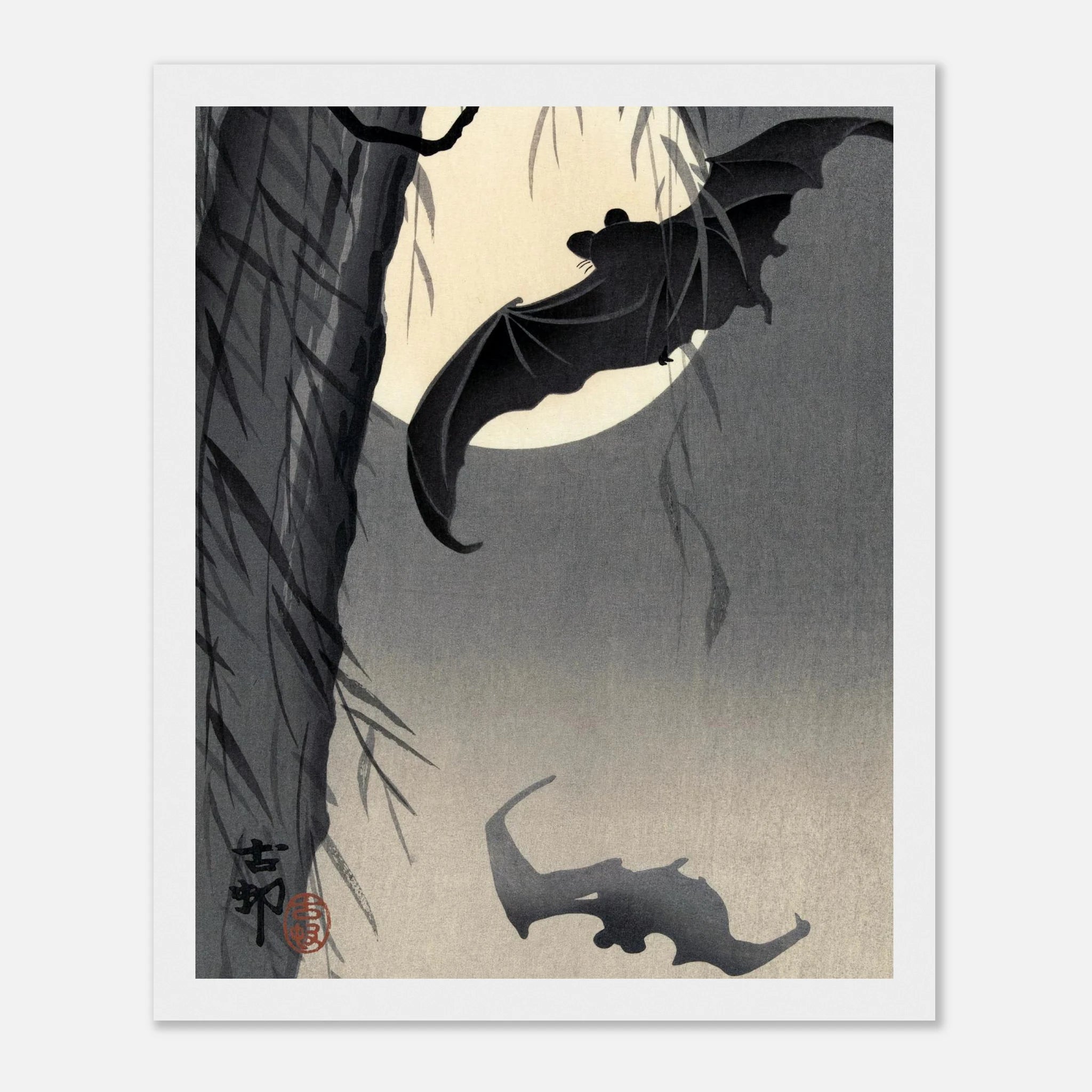 Two Bats at Full Moon - Japanese Art Print