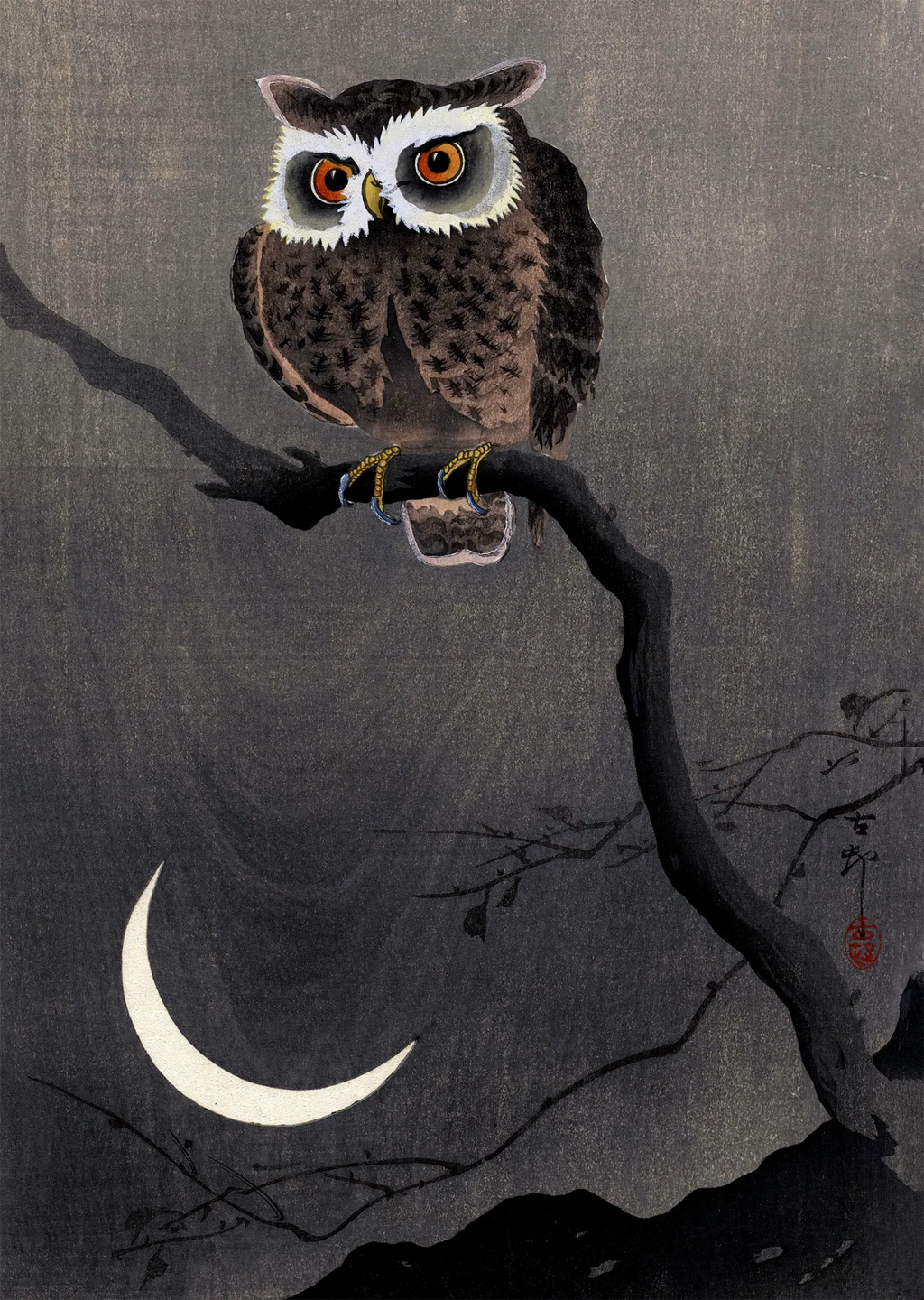 Long-eared Owl on Bare Tree Branch - Japanese Art Print